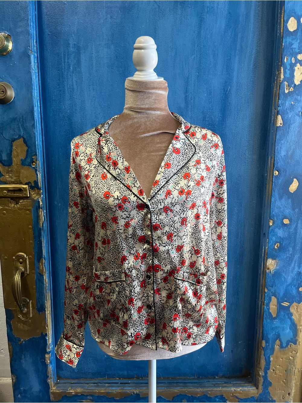 Topshop Red and White Floral Button-Down Blouse